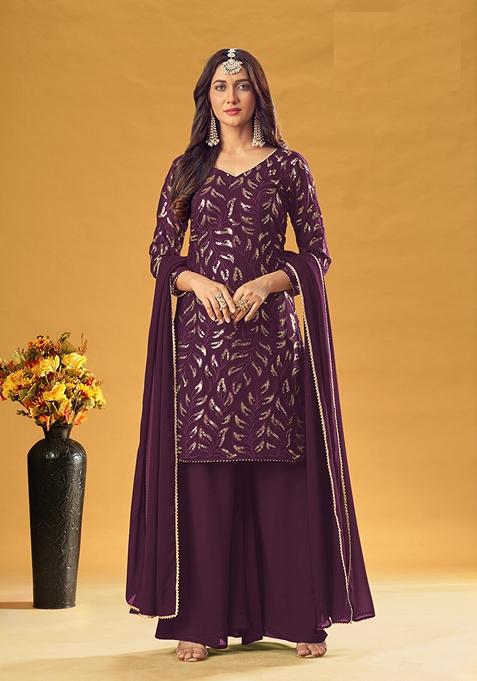 Wine Embroidered Georgette Kurta Set