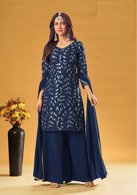 Blue Embroidered Georgette Kurta Set