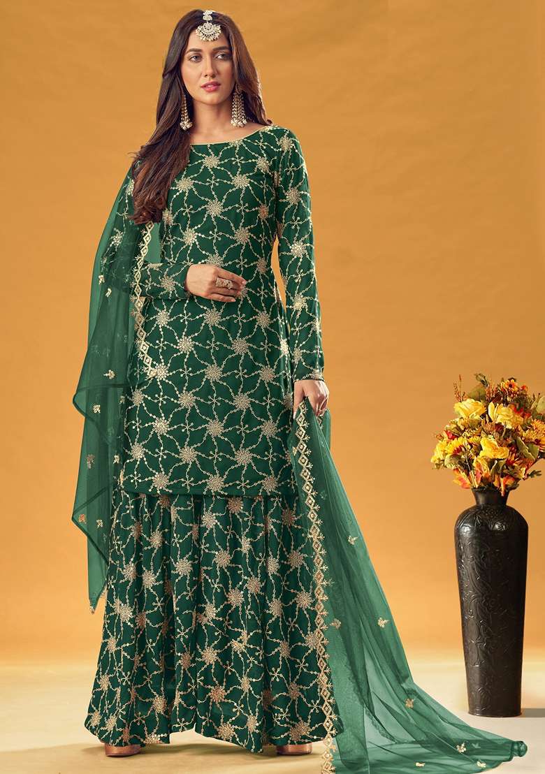 Green Embroidered Georgette Sharara Set - Indya