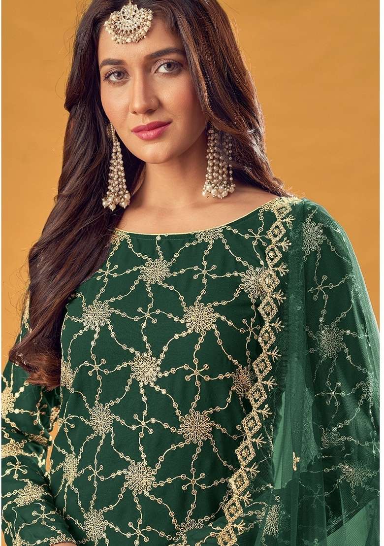 Green Embroidered Georgette Sharara Set - Indya