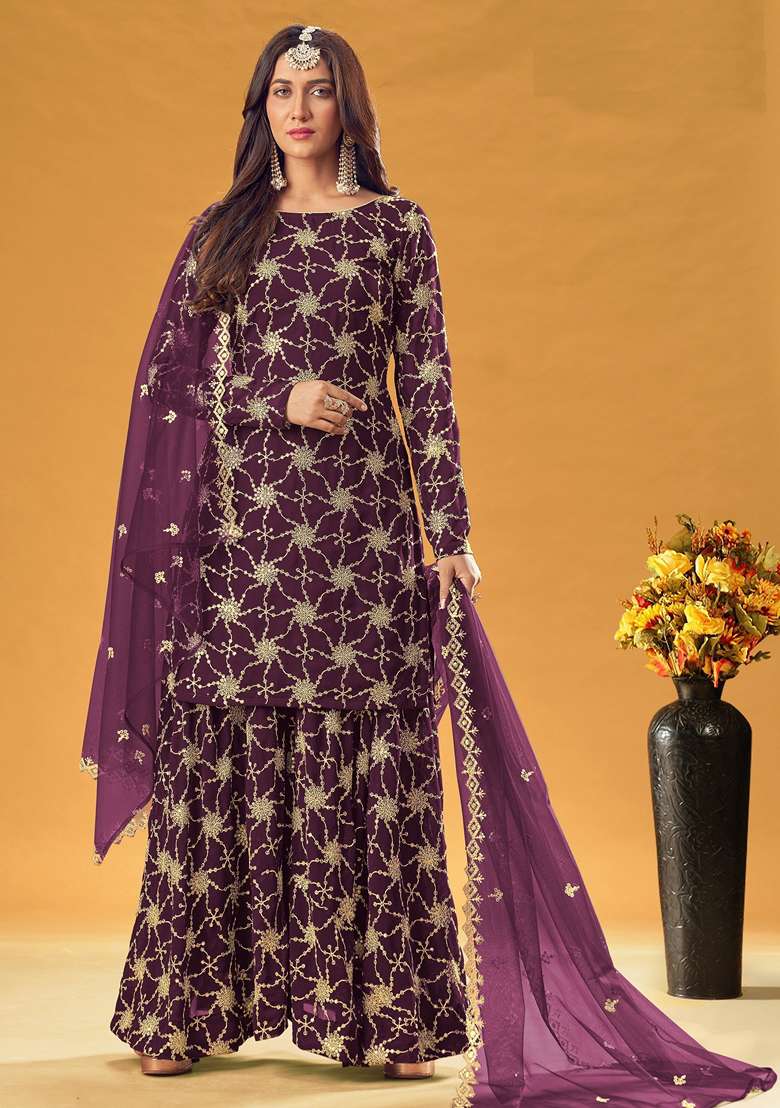 Wine Embroidered Georgette Sharara Set - Indya