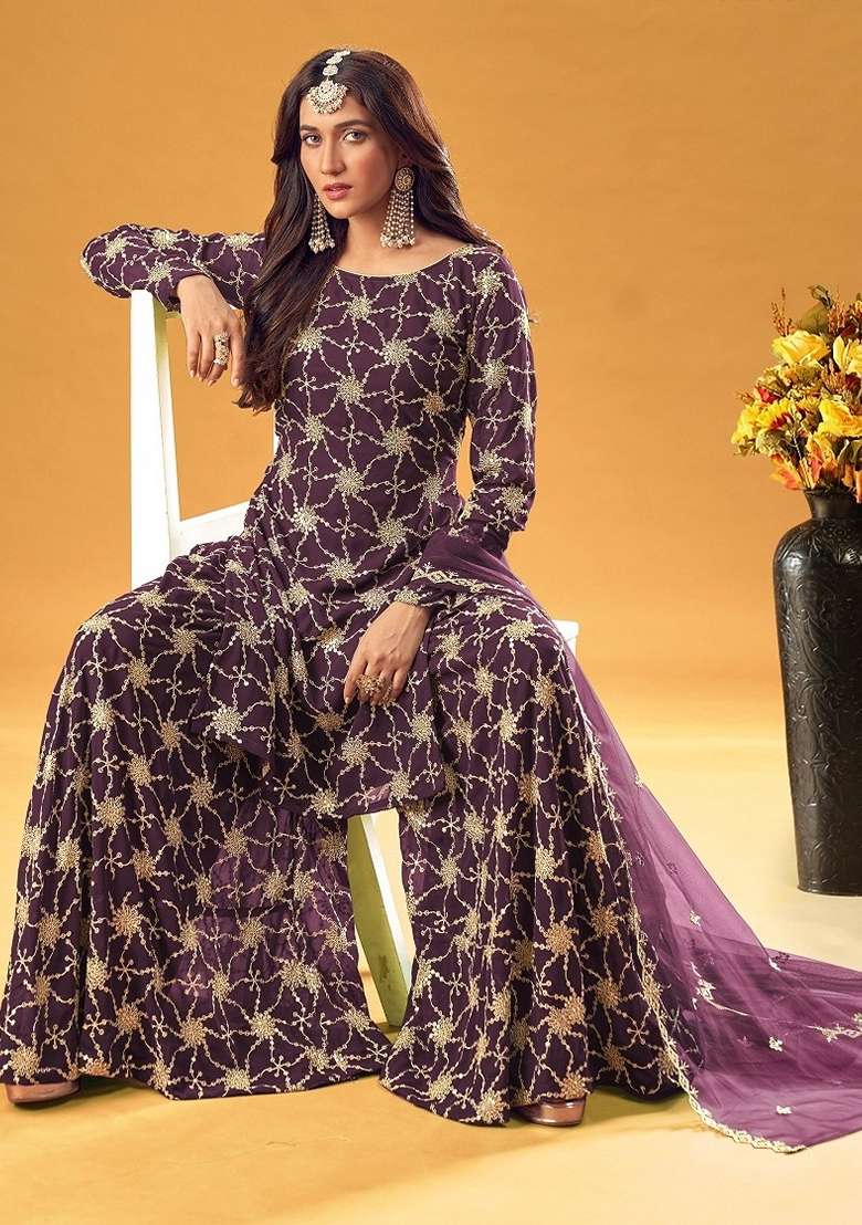 Wine Embroidered Georgette Sharara Set - Indya