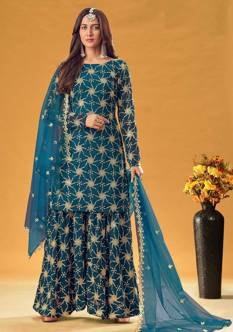 Rama Blue Embroidered Georgette Sharara Set - Indya