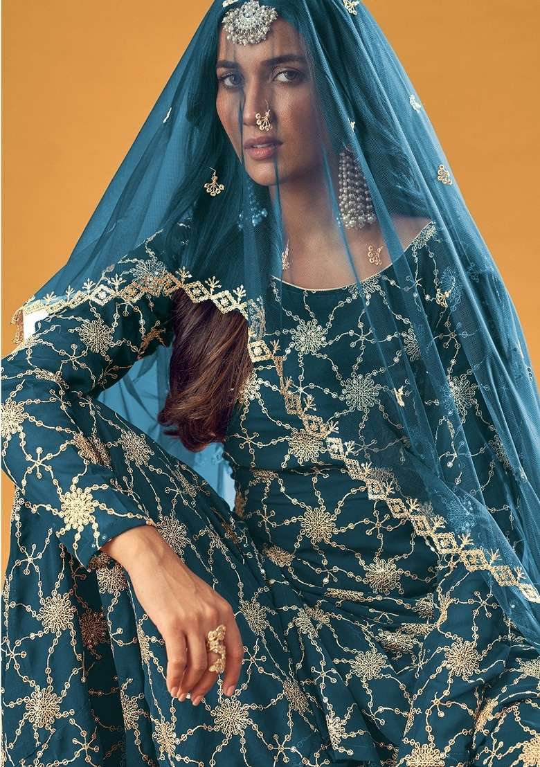 Rama Blue Embroidered Georgette Sharara Set - Indya