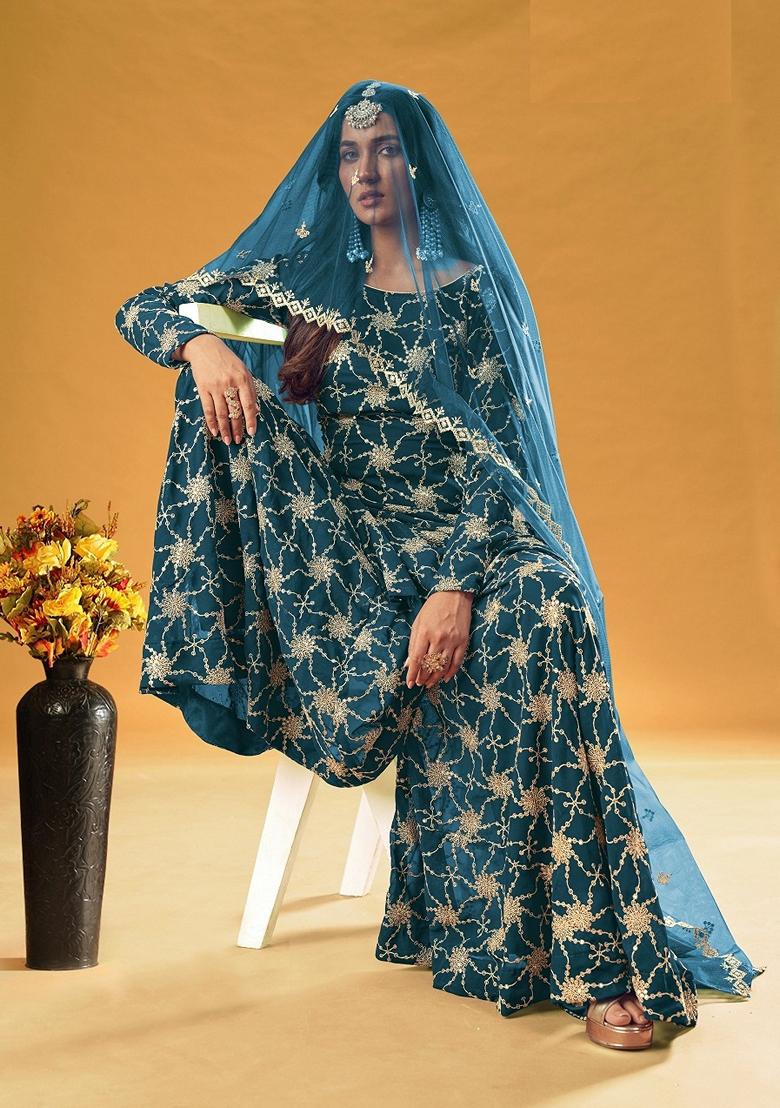 Rama Blue Embroidered Georgette Kurta Set