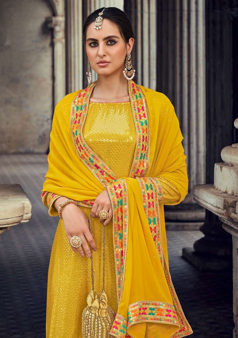Yellow Embroidered Georgette Anarkali Set - Indya