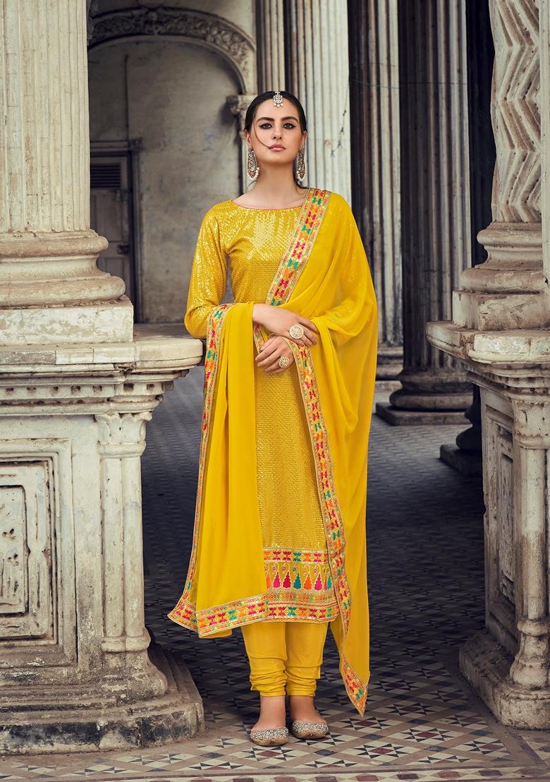 Yellow Embroidered Georgette Kurta Set
