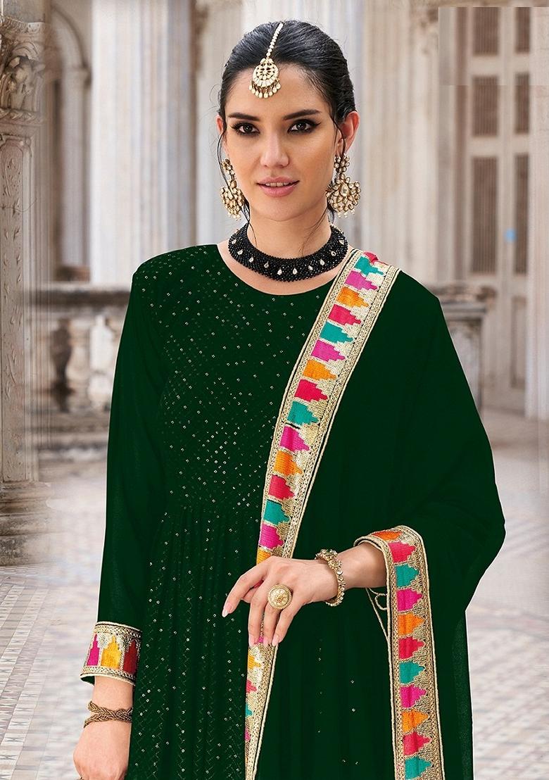 Green Embroidered Georgette Anarkali Gown Set
