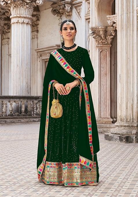 Green Embroidered Georgette Anarkali Gown Set