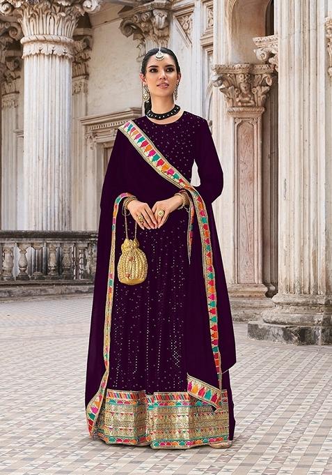 Wine Embroidered Georgette Anarkali Gown Set