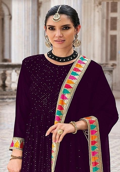 Wine Embroidered Georgette Anarkali Gown Set