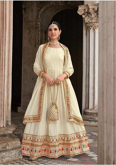 White Embroidered Georgette Anarkali Gown Set