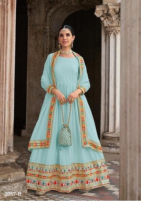 Sky Blue Embroidered Georgette Anarkali Gown Set