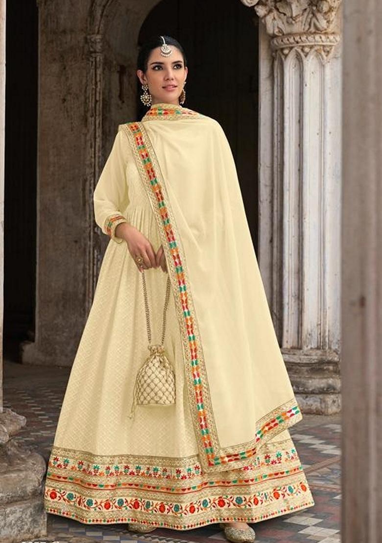 Beige Embroidered Georgette Anarkali Gown Set - Indya