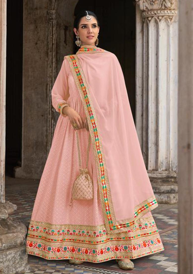 Pink Embroidered Georgette Anarkali Gown Set