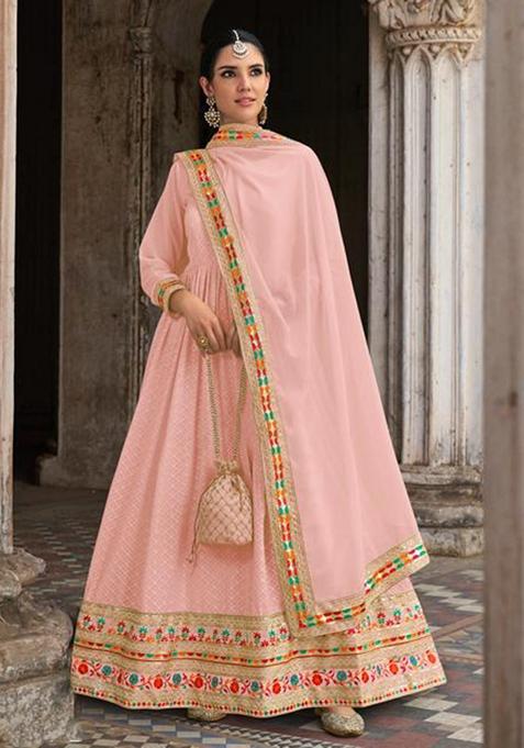 Pink Embroidered Georgette Anarkali Gown Set