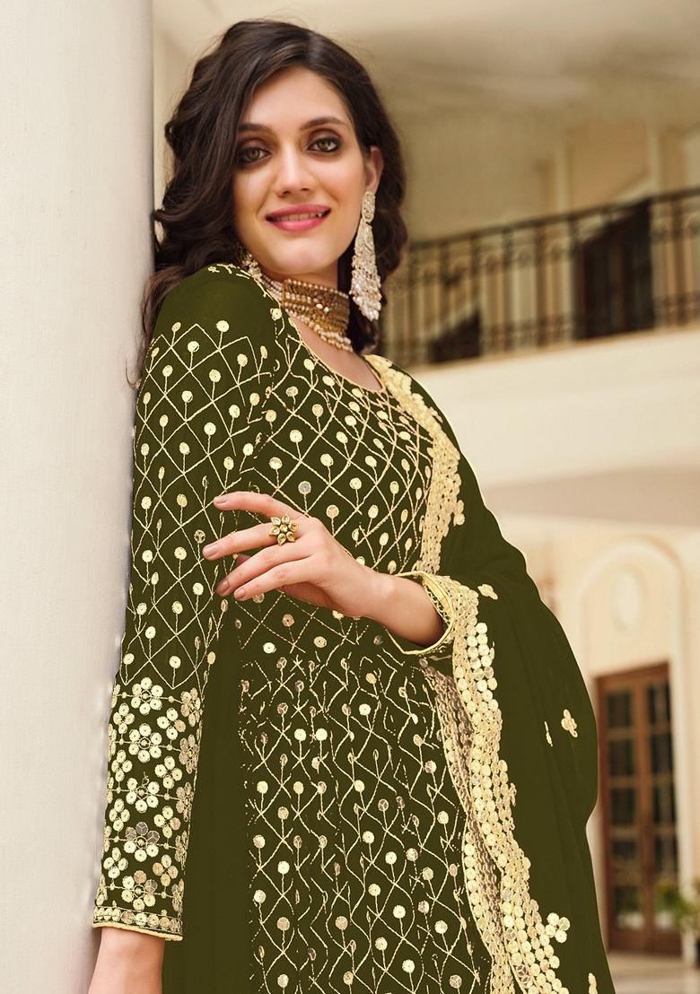Green Embroidered Georgette Anarkali Gown Set