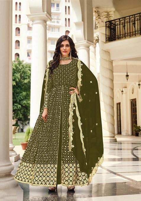 Green Embroidered Georgette Anarkali Gown Set