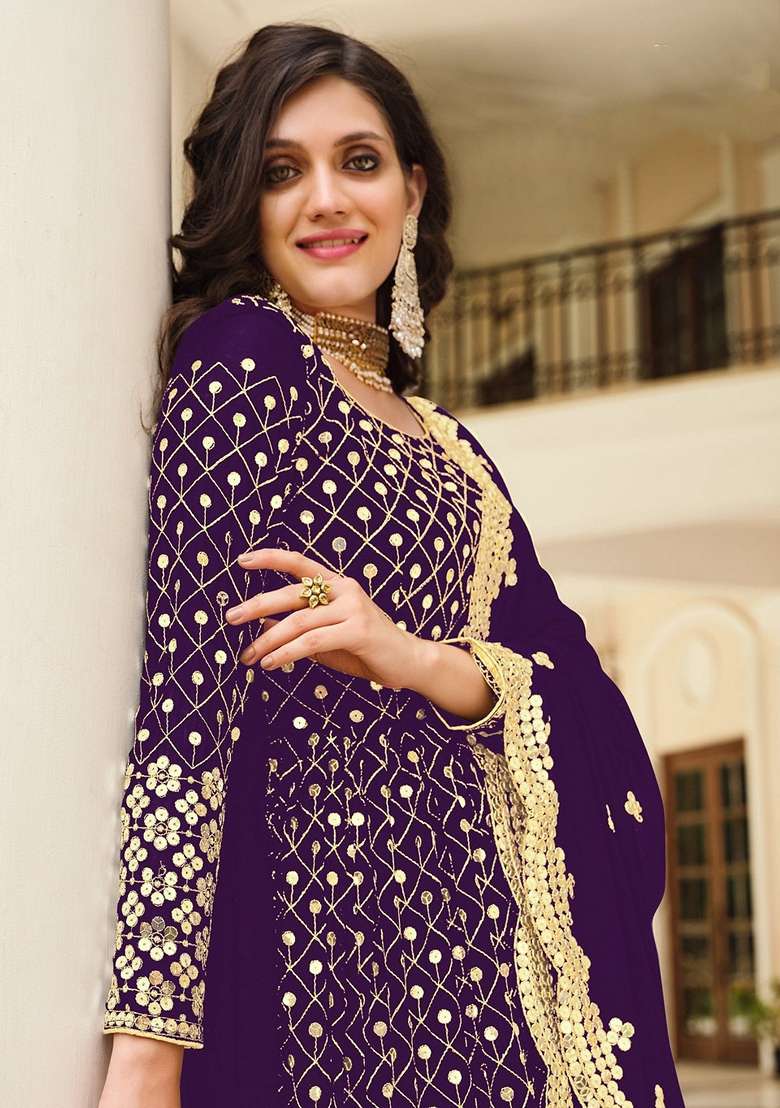 Wine Embroidered Georgette Anarkali Gown Set - Indya