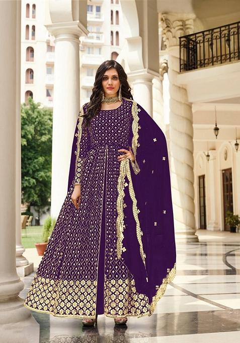 Wine Embroidered Georgette Anarkali Gown Set