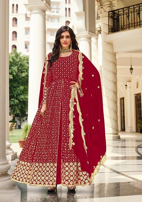 Red Embroidered Georgette Anarkali Gown Set