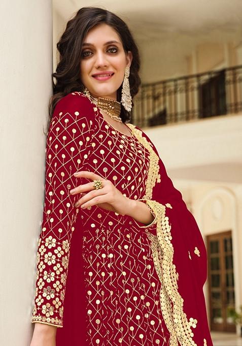 Red Embroidered Georgette Anarkali Gown Set