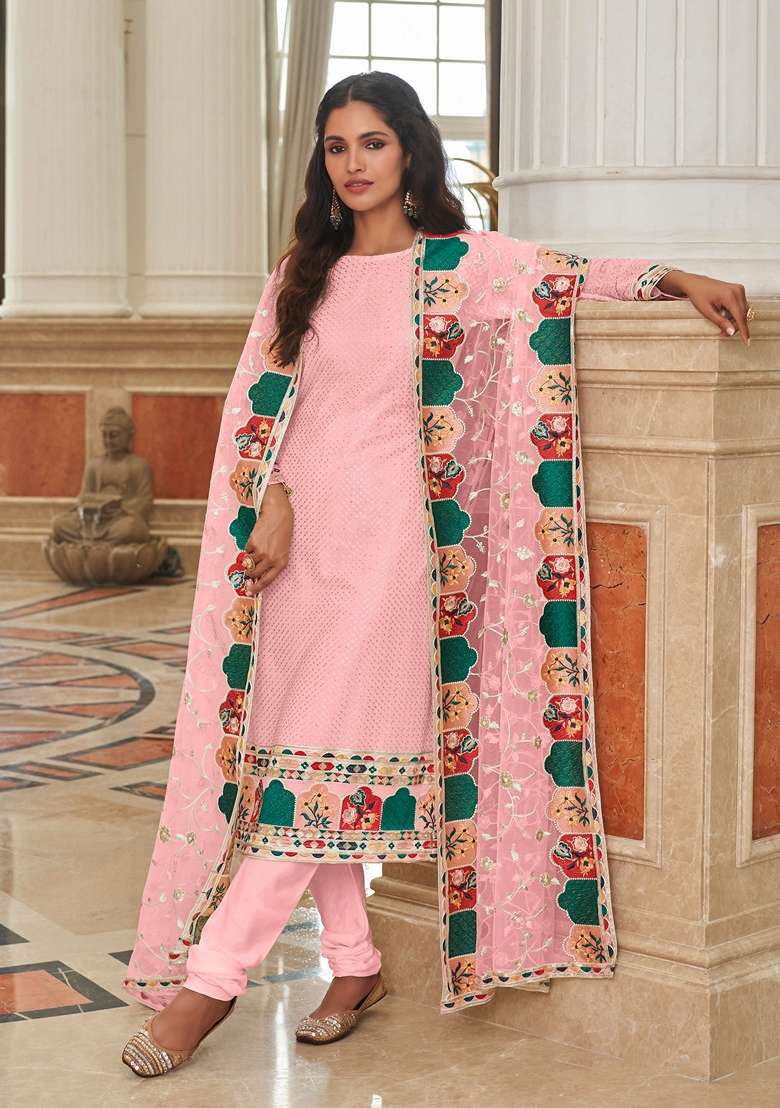 Pink Embroidered Georgette Straight Kurta Set - Indya