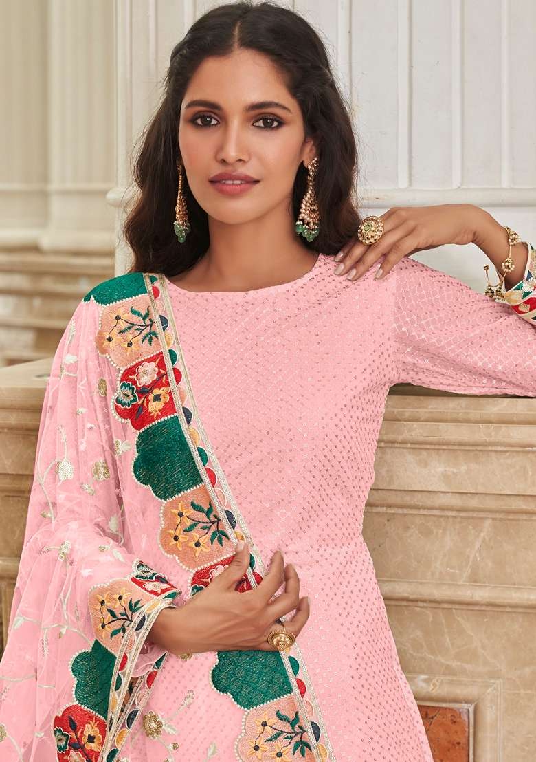 Pink Embroidered Georgette Straight Kurta Set - Indya