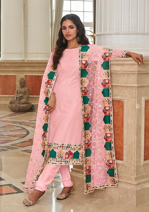 Pink Embroidered Georgette Kurta Set