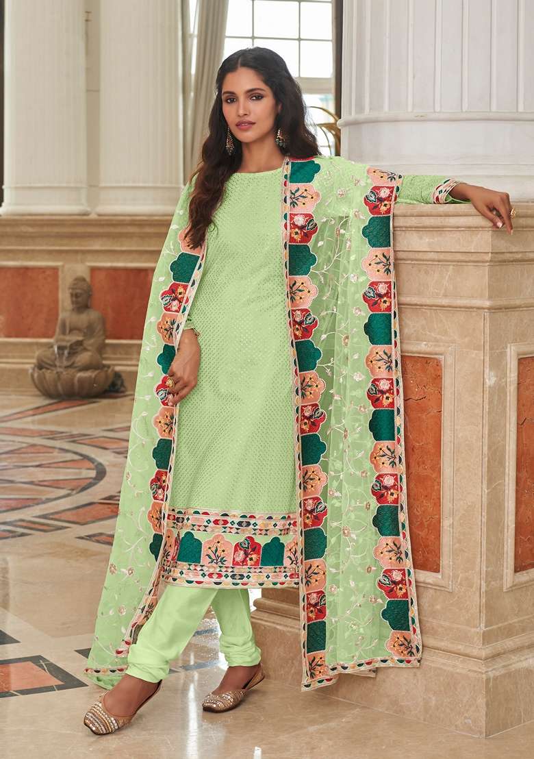 Pista Green Embroidered Georgette Straight Kurta Set - Indya