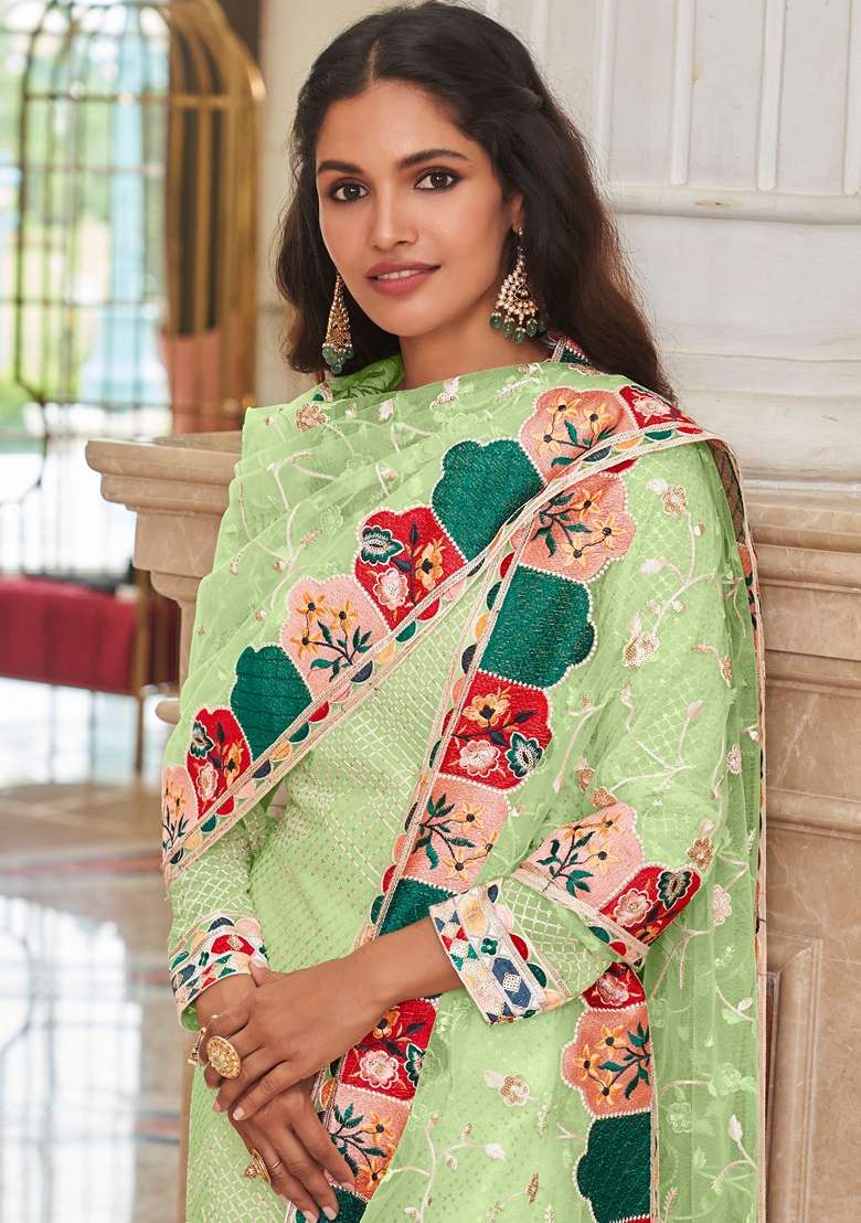 Pista Green Embroidered Georgette Straight Kurta Set - Indya