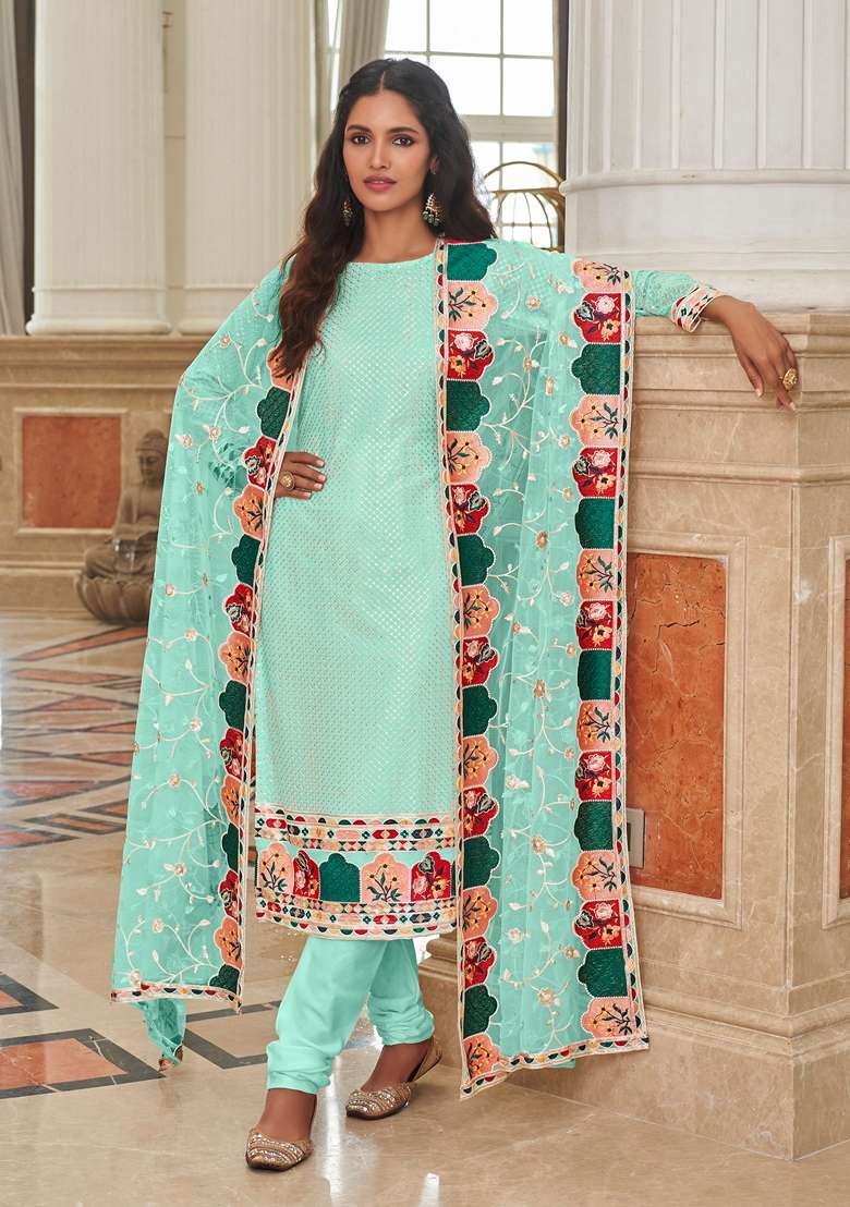 Sky Blue Embroidered Georgette Pakistani Suit Set - Indya