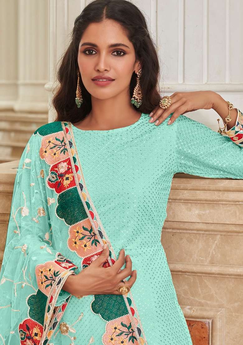 Sky Blue Embroidered Georgette Pakistani Suit Set - Indya
