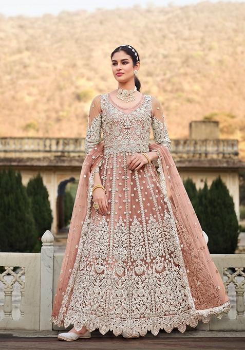 Peach Embroidered Net Anarkali Gown Set