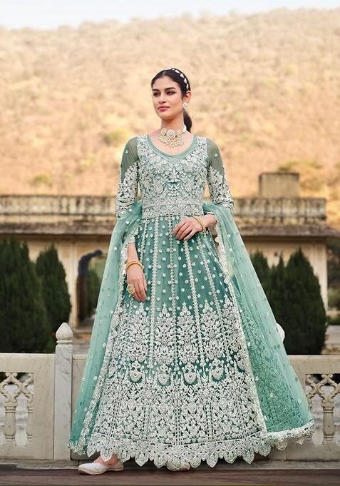 Sky Blue Embroidered Net Anarkali Gown Set