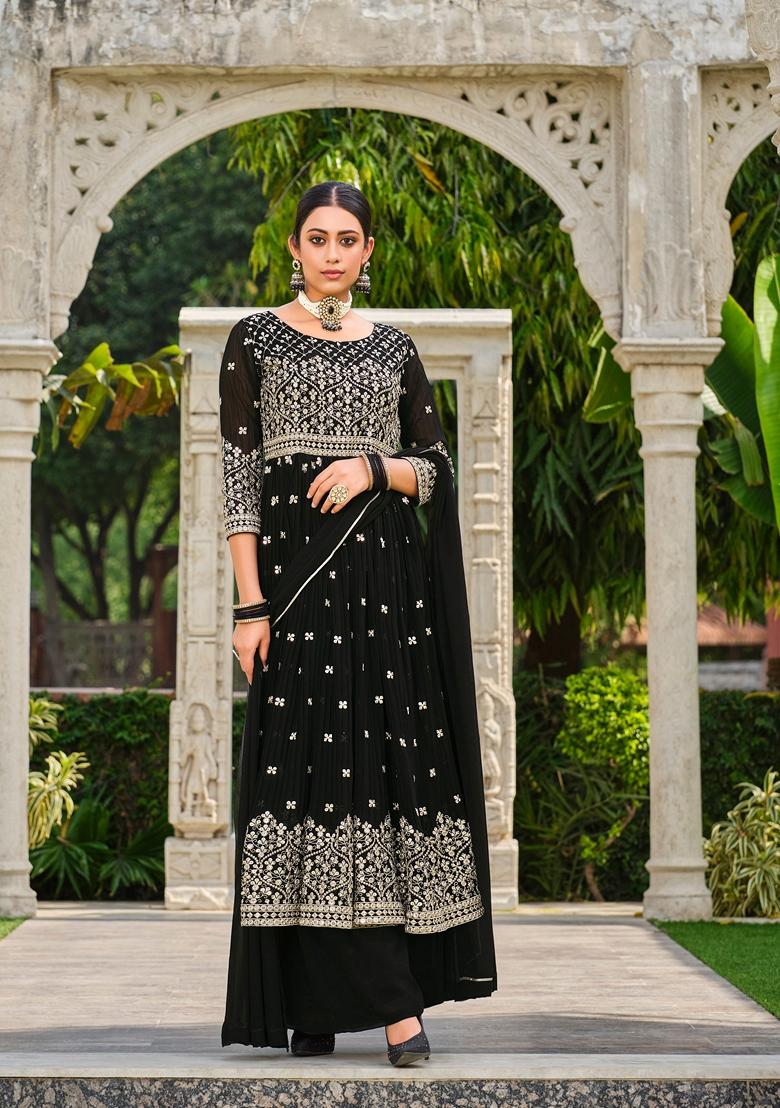 Black Embroidered Georgette Kurta Set - Indya