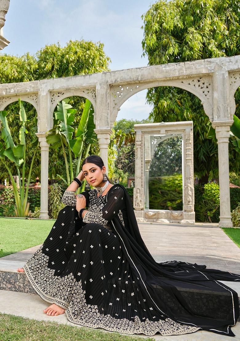 Black Embroidered Georgette Kurta Set - Indya