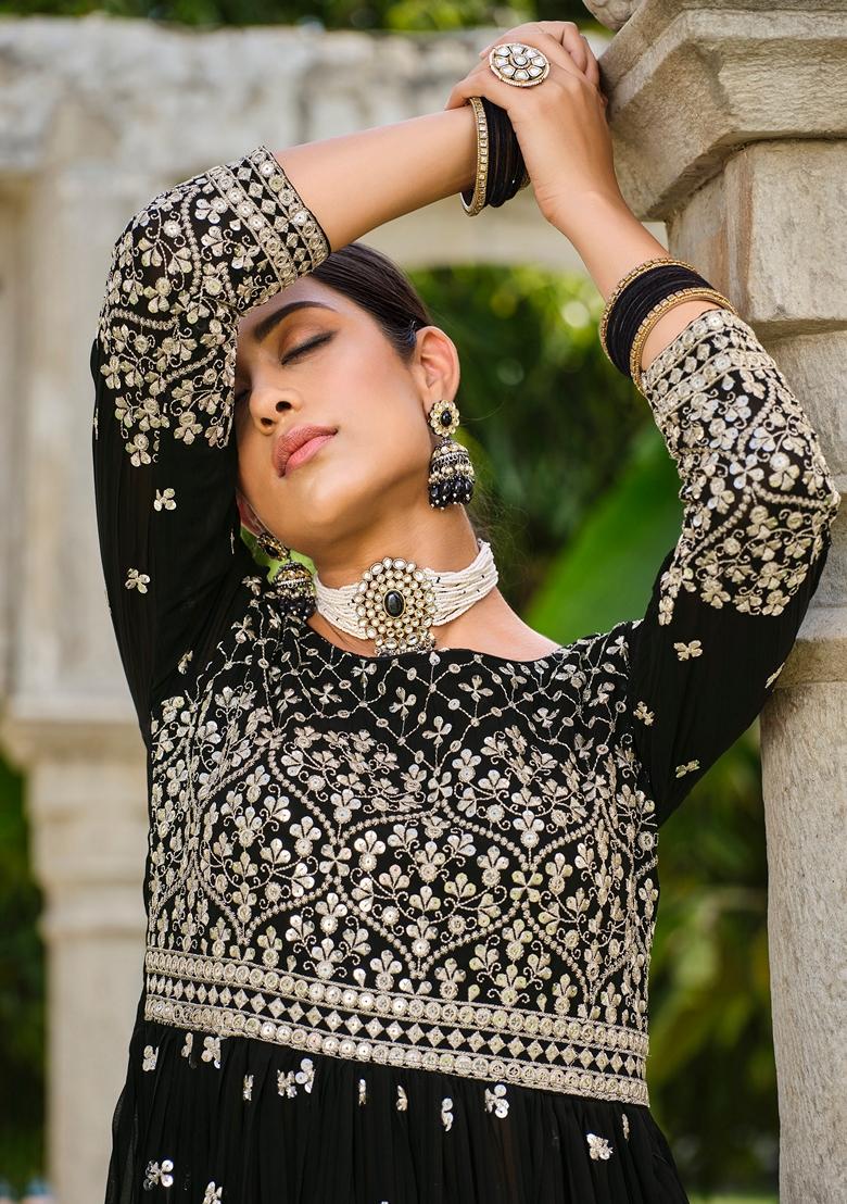 Black Embroidered Georgette Kurta Set - Indya