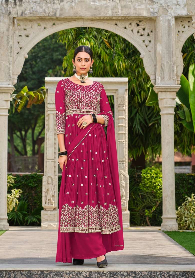 Rani Pink Embroidered Georgette Sharara Set - Indya