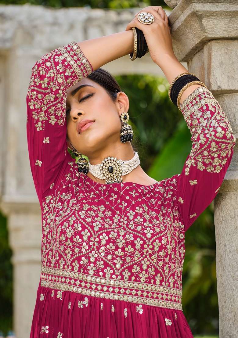 Rani Pink Embroidered Georgette Sharara Set - Indya