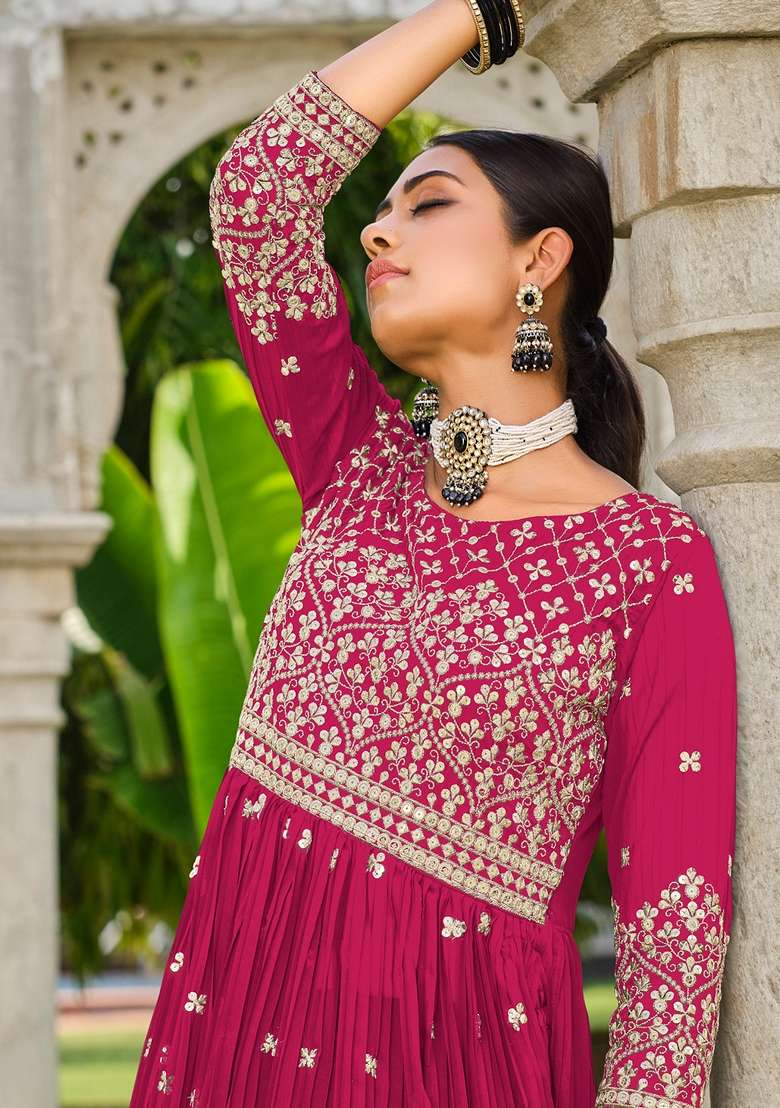 Rani Pink Embroidered Georgette Sharara Set - Indya
