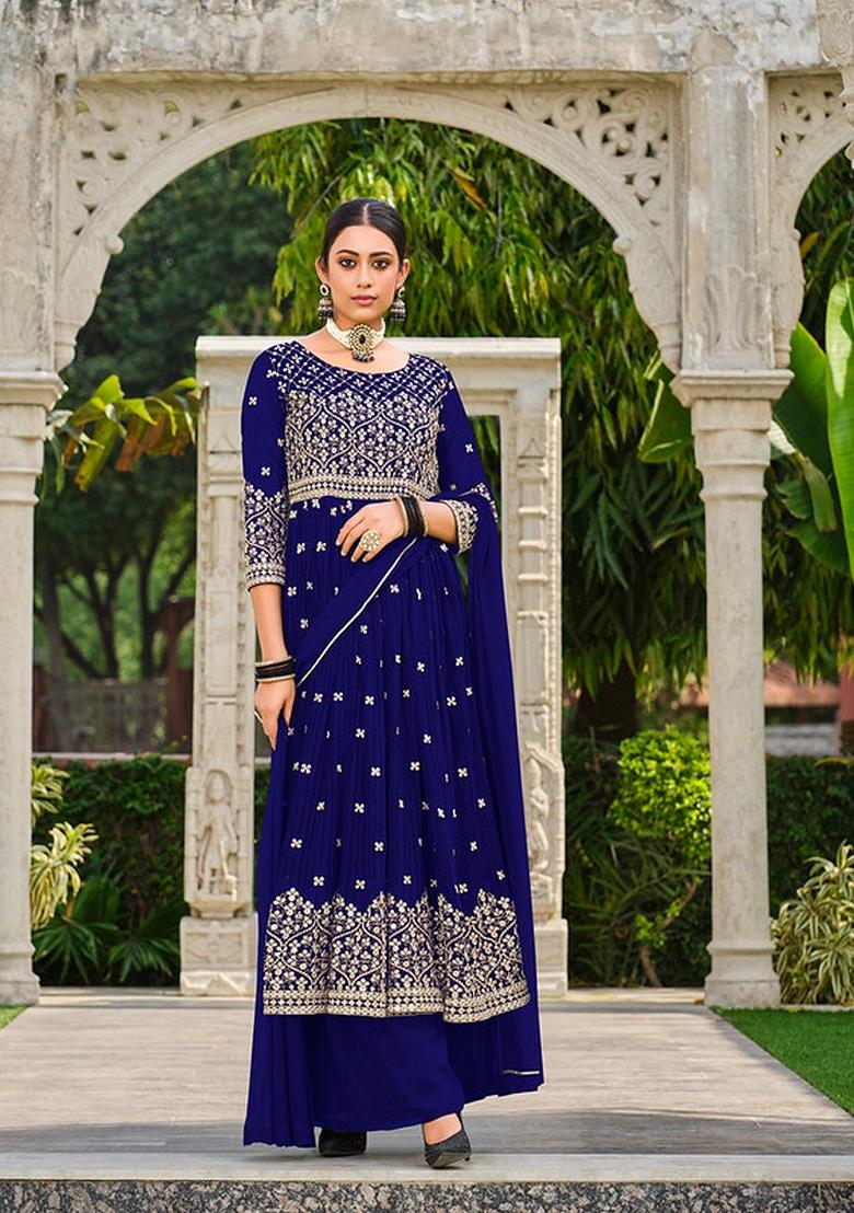 Blue Embroidered Georgette Sharara Set - Indya