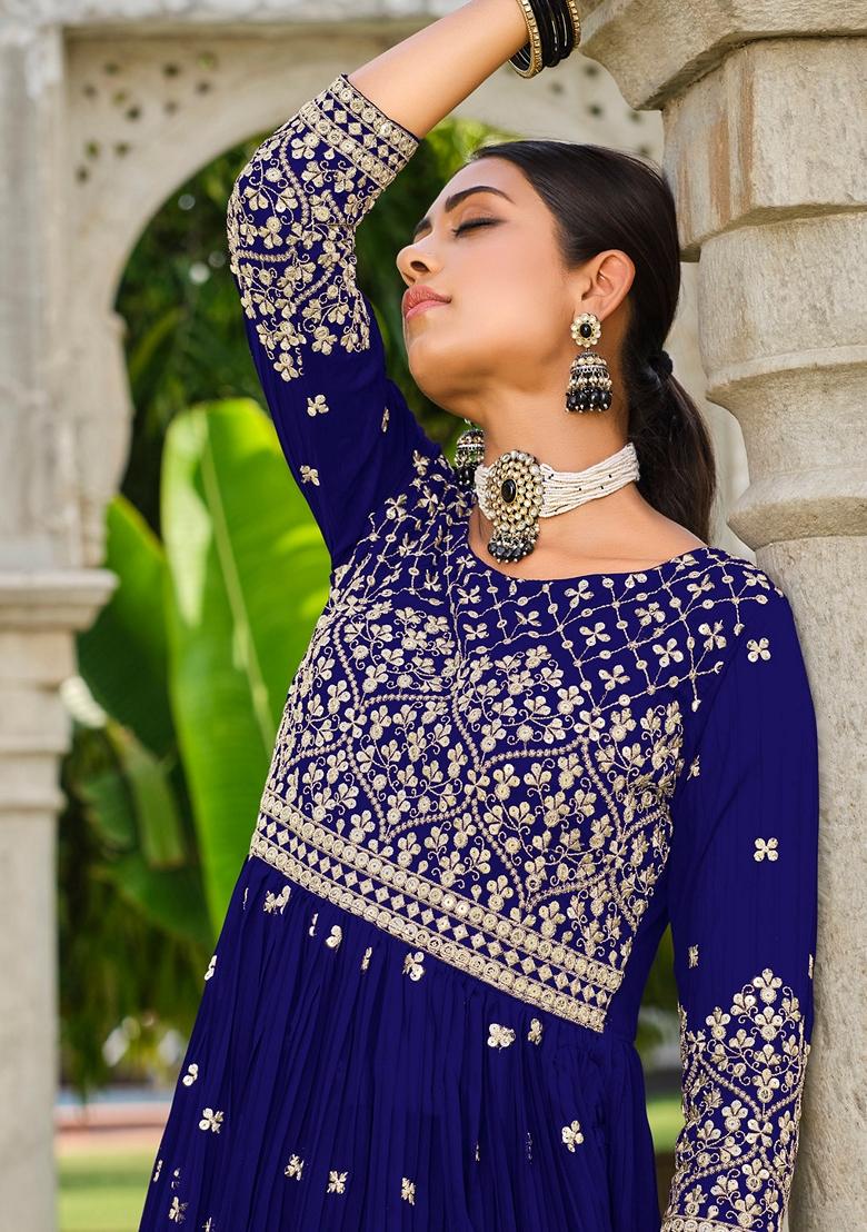 Blue Embroidered Georgette Kurta Set - Indya