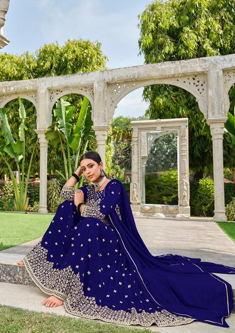 Blue Embroidered Georgette Sharara Set - Indya