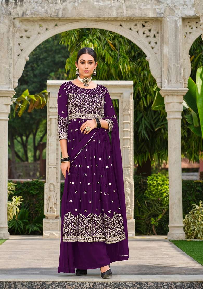 Wine Embroidered Georgette Sharara Set - Indya