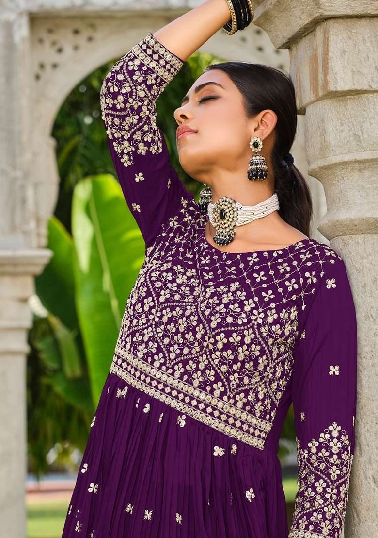 Wine Embroidered Georgette Sharara Set - Indya