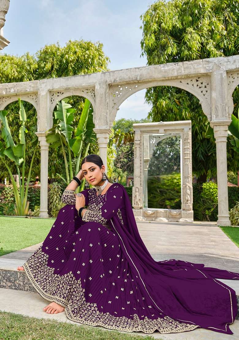 Wine Embroidered Georgette Sharara Set - Indya