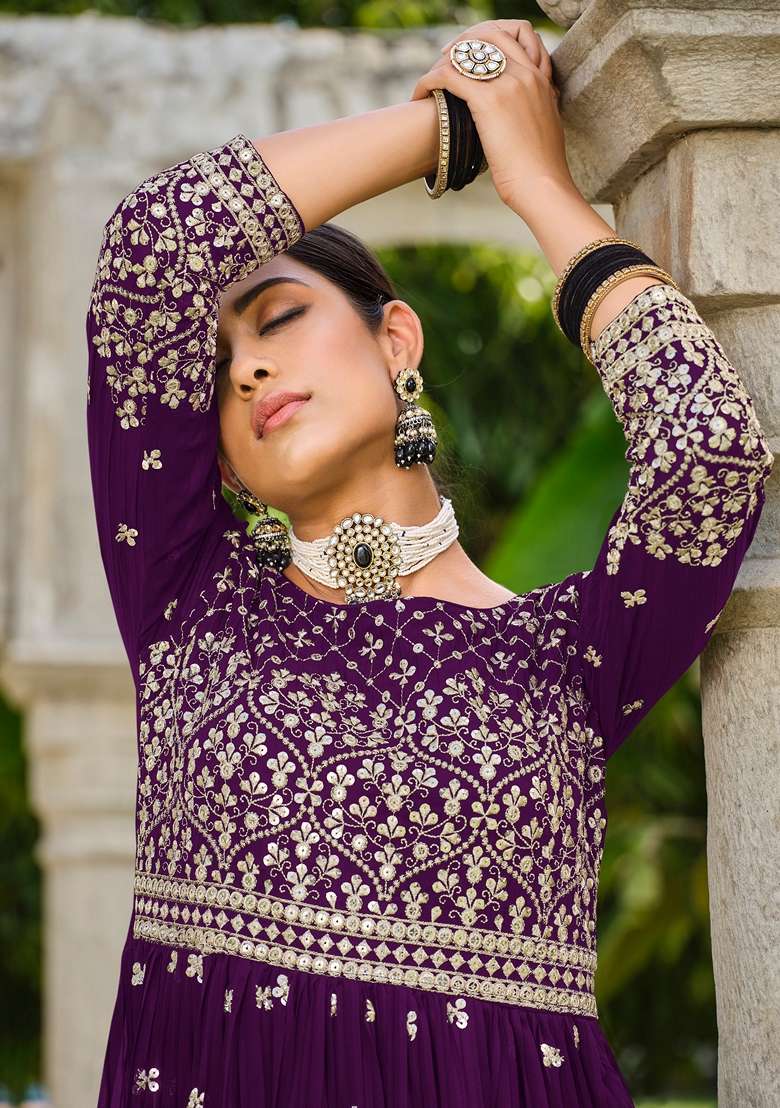 Wine Embroidered Georgette Sharara Set - Indya