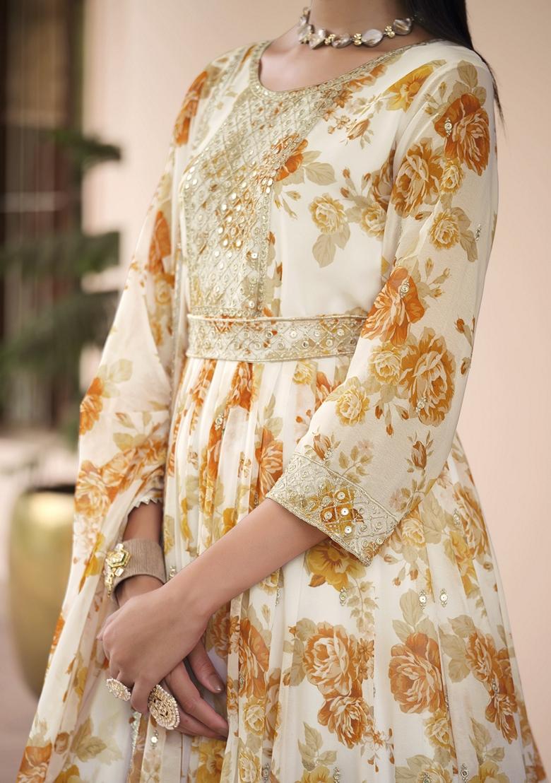 White Embroidered Georgette Anarkali Gown Set