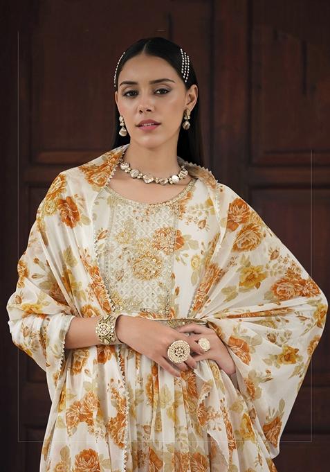 White Embroidered Georgette Anarkali Gown Set